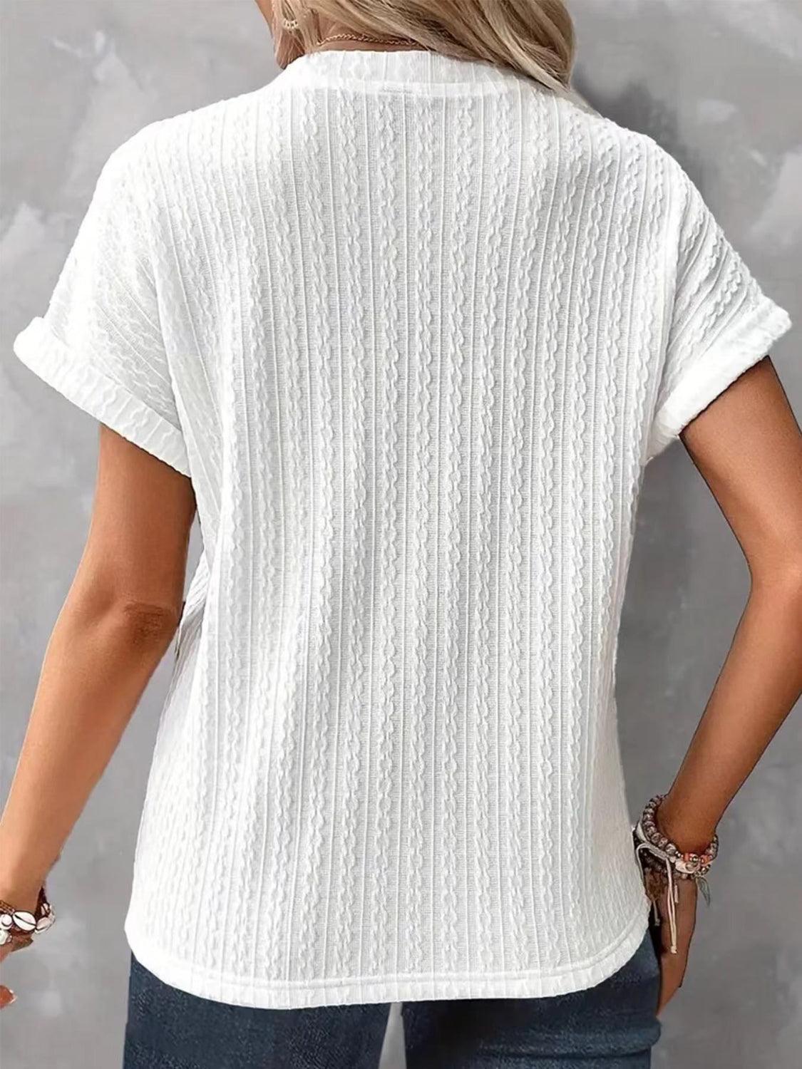Textured Notched Short Sleeve Top - Clothes For Her Online Store