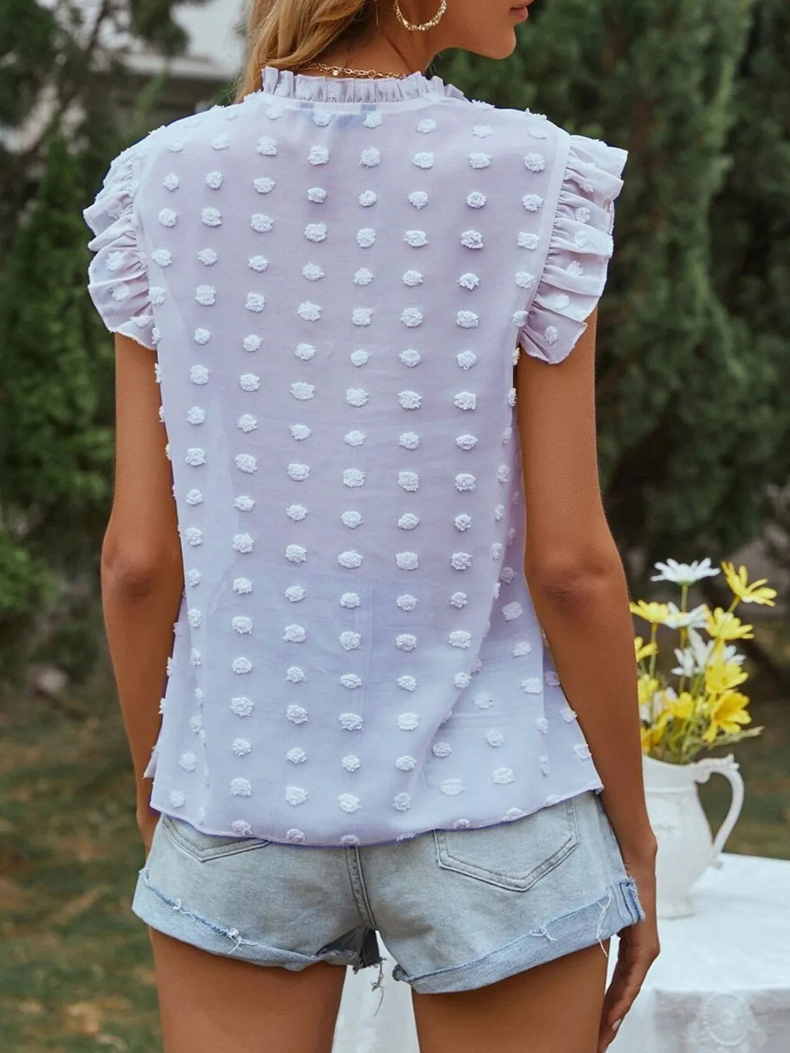 Frill Tie Neck Cap Sleeve Blouse