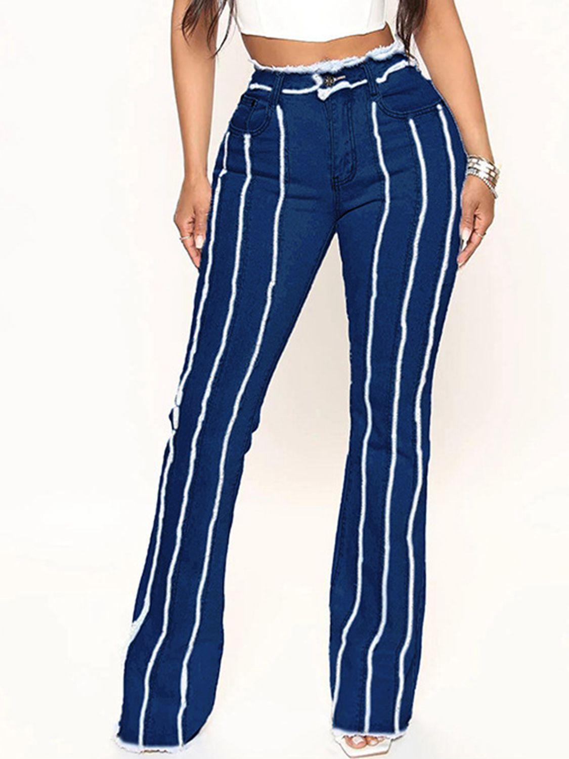 Striped Raw Hem Jeans - Clothes For Her Online Store