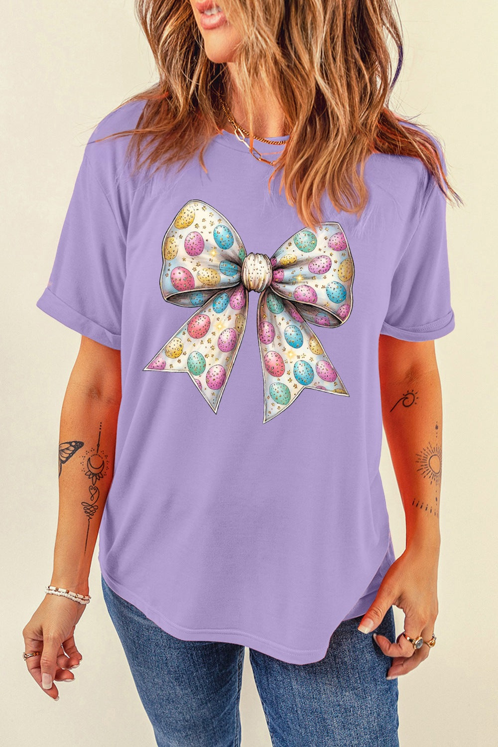 Bow Graphic Round Neck Short Sleeve T-Shirt - Clothes For Her Online Store