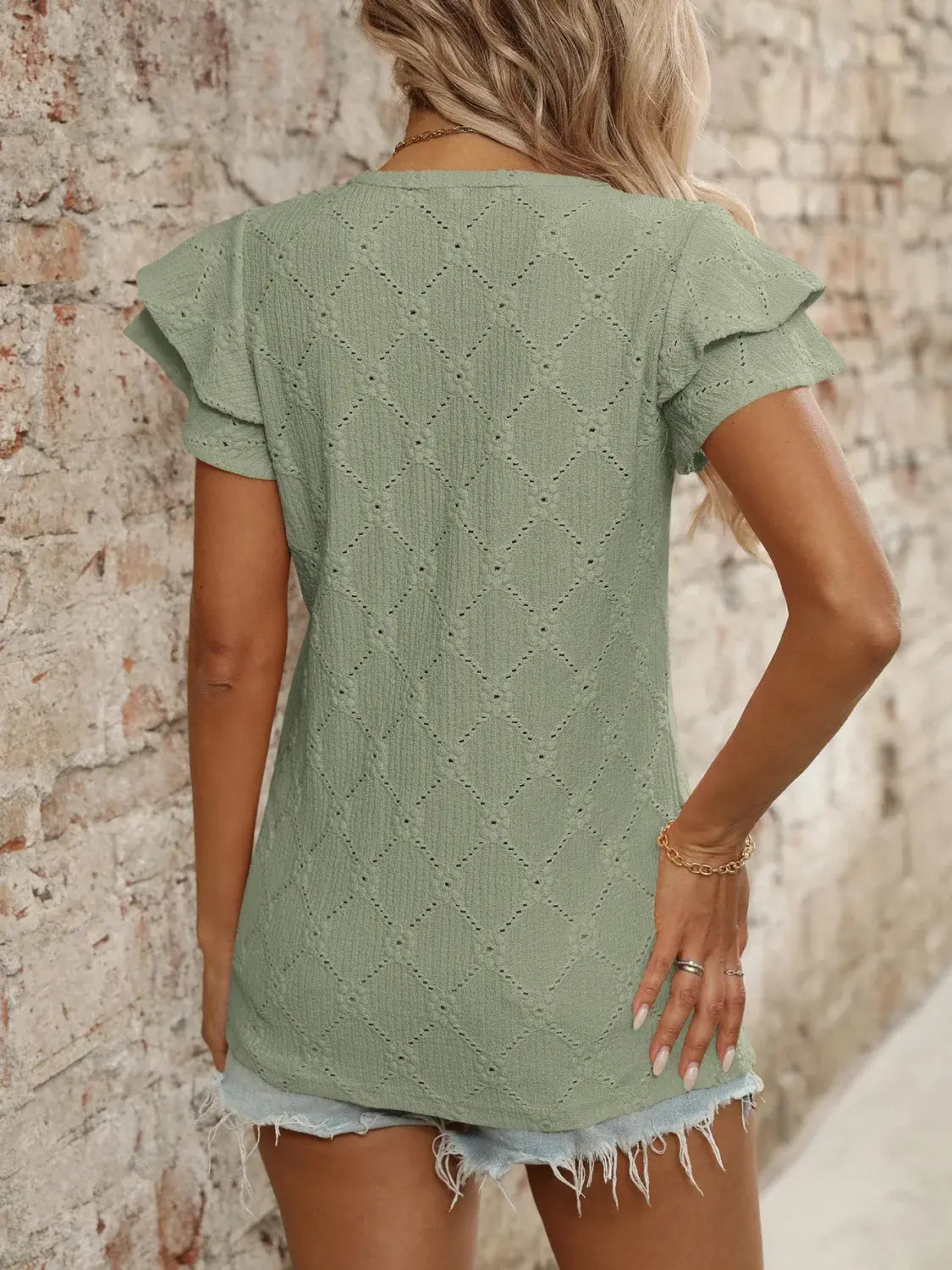 Eyelet V-Neck Ruffled Cap Sleeve Top - Clothes For Her Online Store