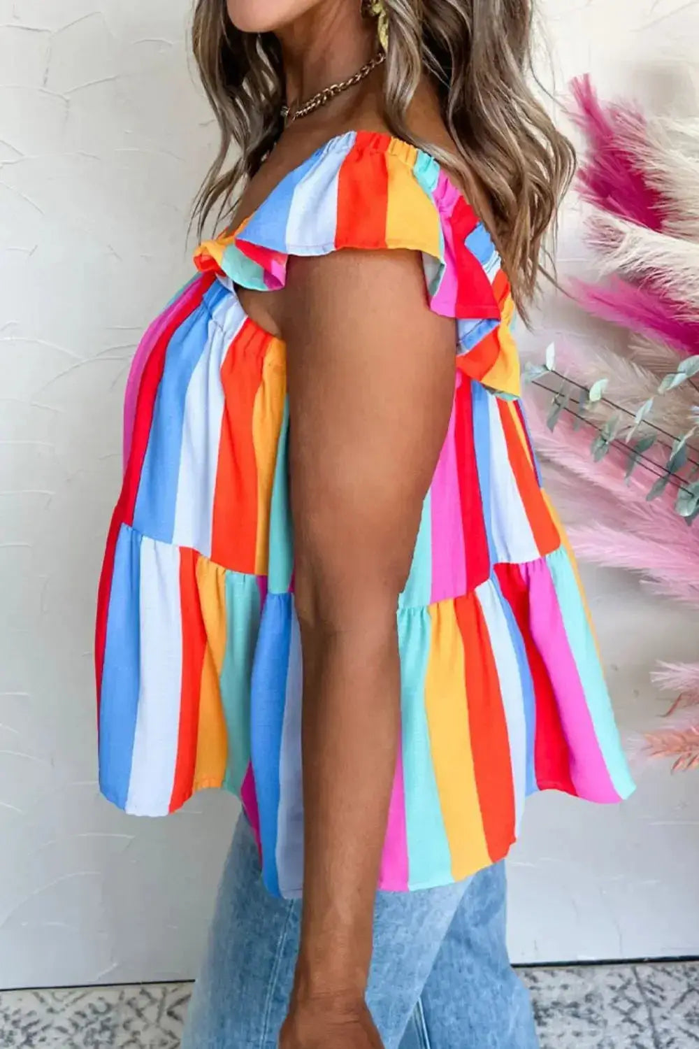 Stripe Ruffled Straps Babydoll Cami - Clothes For Her Online Store