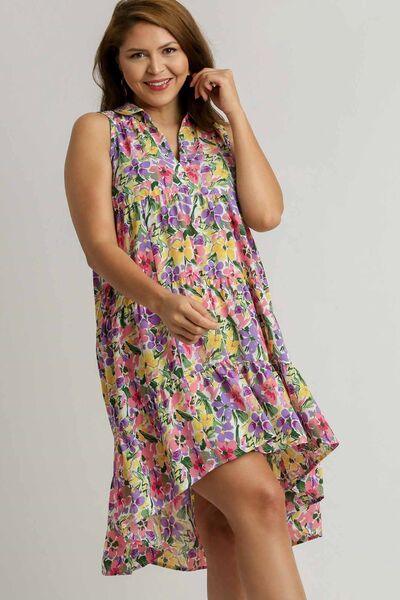 Umgee Full Size High-Low Hem Floral Sleeveless Tiered Dress Plus Size - Clothes For Her Online Store