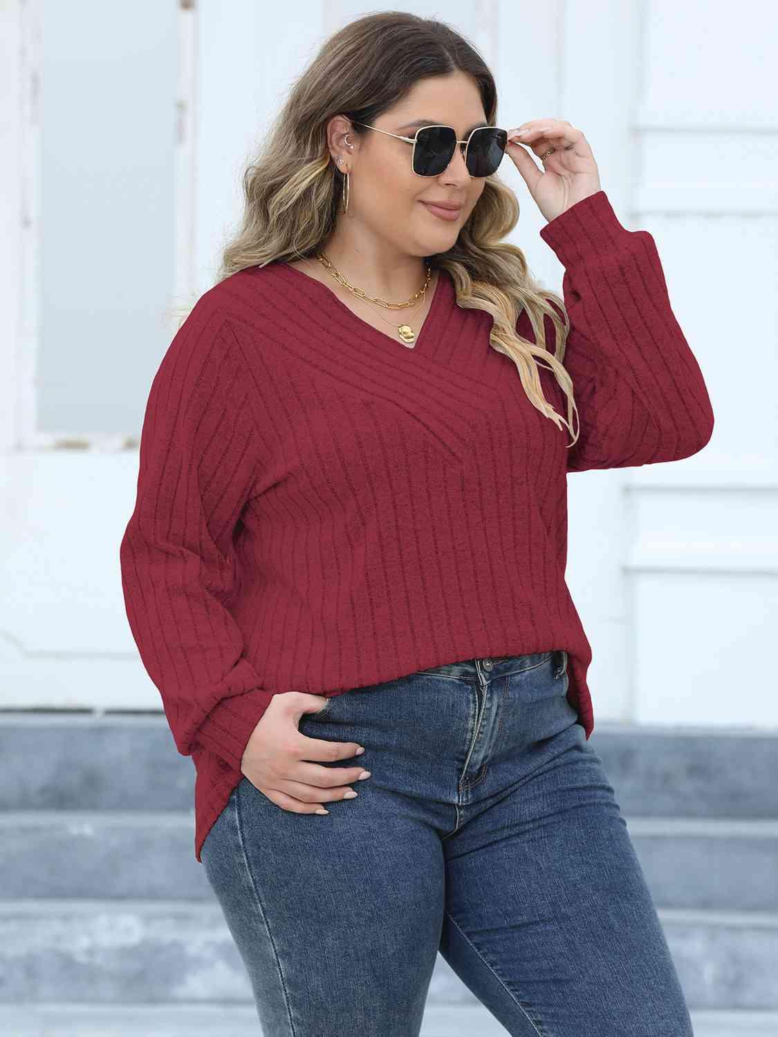 Plus Size Ribbed V-Neck Long Sleeve Top - Clothes For Her Online Store