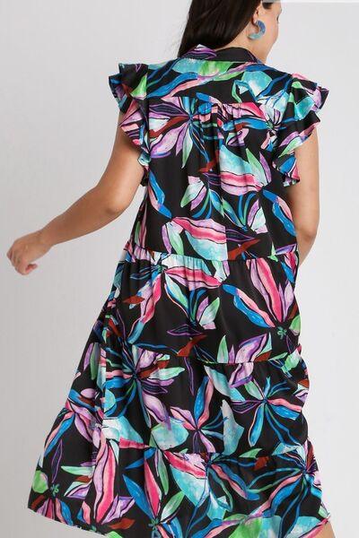 Umgee Full Size Leaf Print Double Layered Ruffle Sleeve Tiered Midi Dress Plus Size - Clothes For Her Online Store