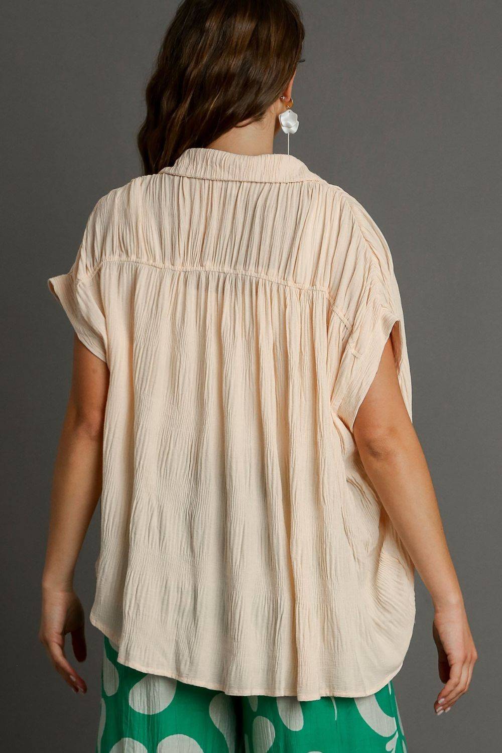 Umgee Full Size Textured Button Down Short Sleeve Shirt Plus Size - Clothes For Her Online Store