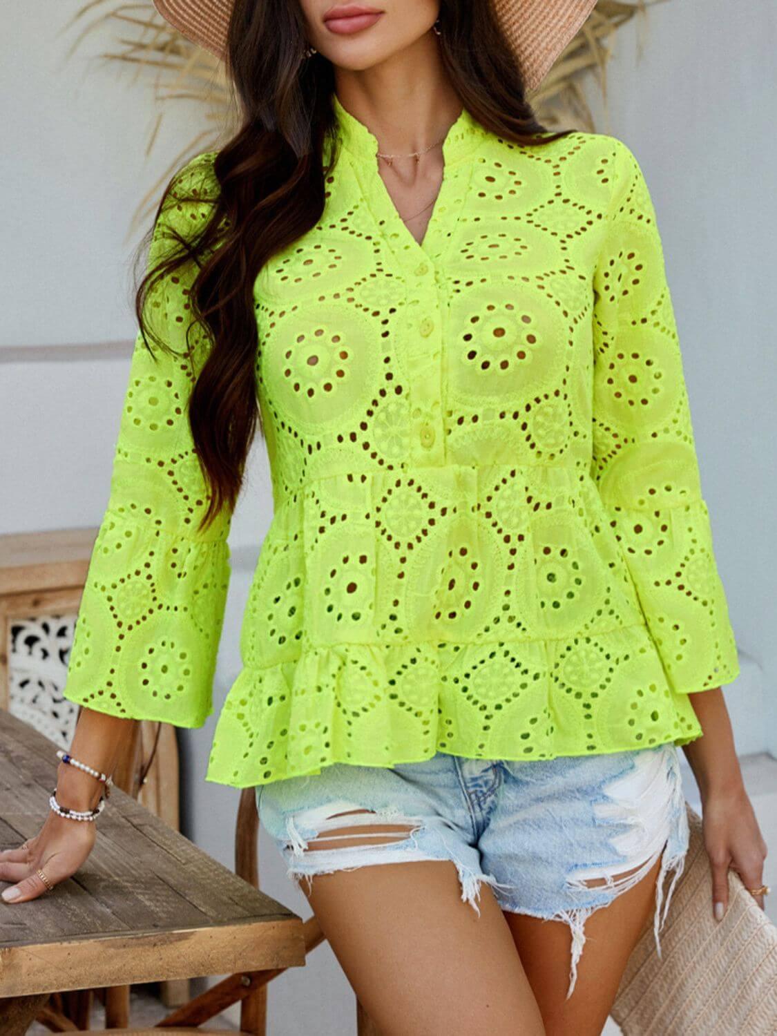 Devine Half Button Flounce Sleeve Peplum Blouse - Clothes For Her Online Store
