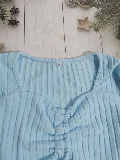 Drawstring Ruched Long Sleeve Ribbed Top - Clothes For Her Online Store