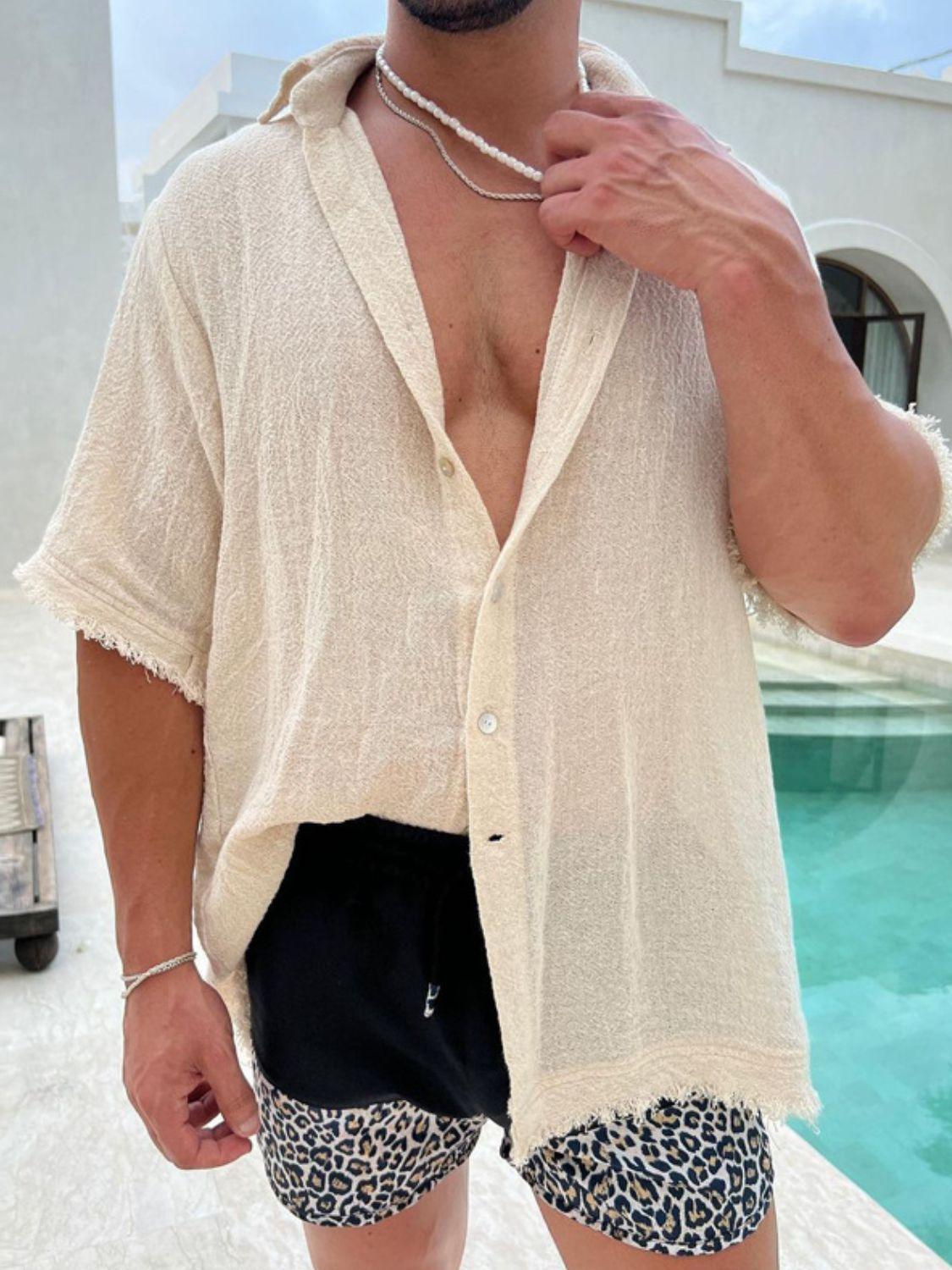 Men's Plus Size Raw Hem Button Down Collared Neck Shirt - Clothes For Her Online Store