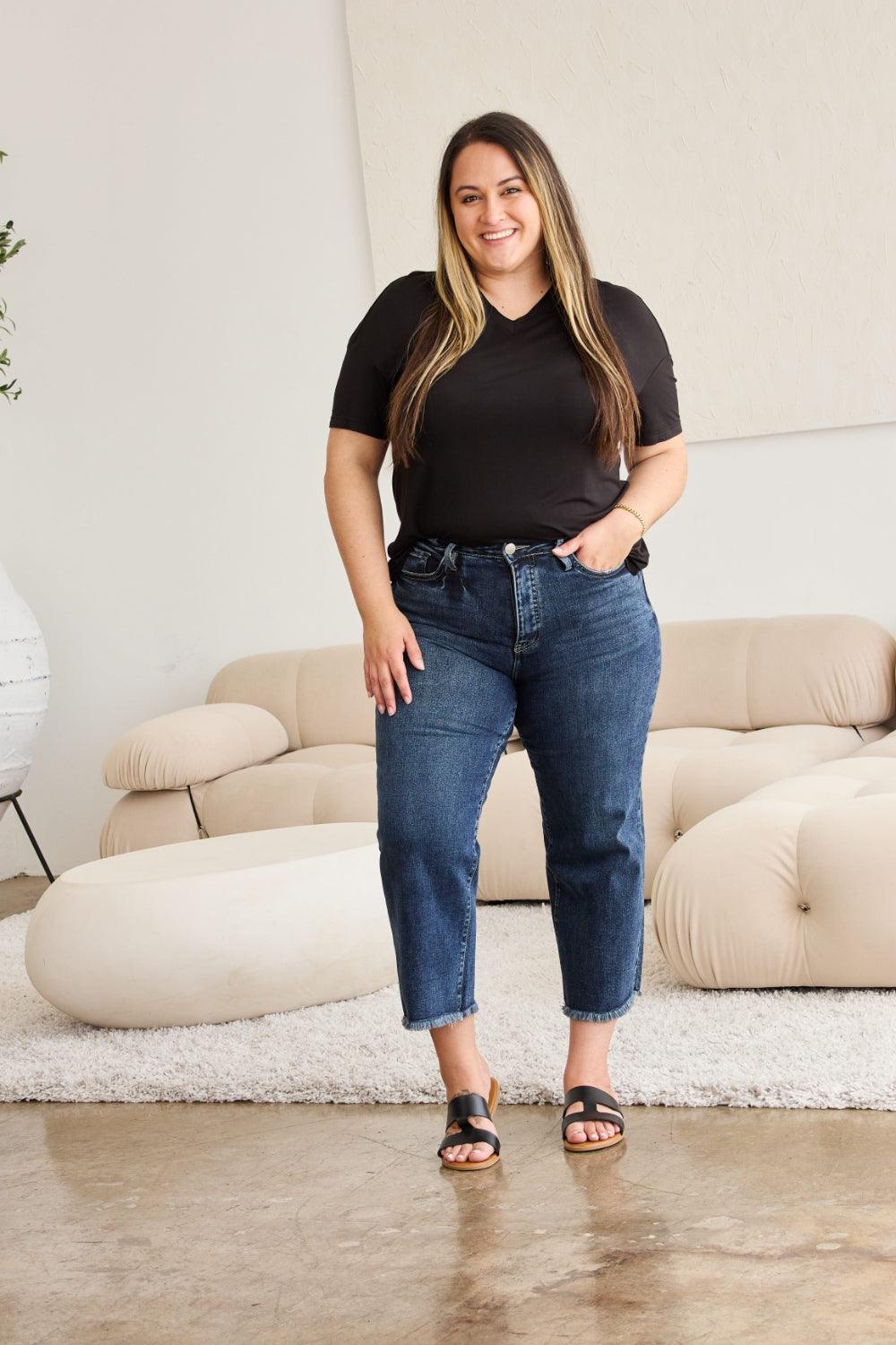 RFM Full Size Tummy Control High Waist Raw Hem Jeans - Clothes For Her Online Store