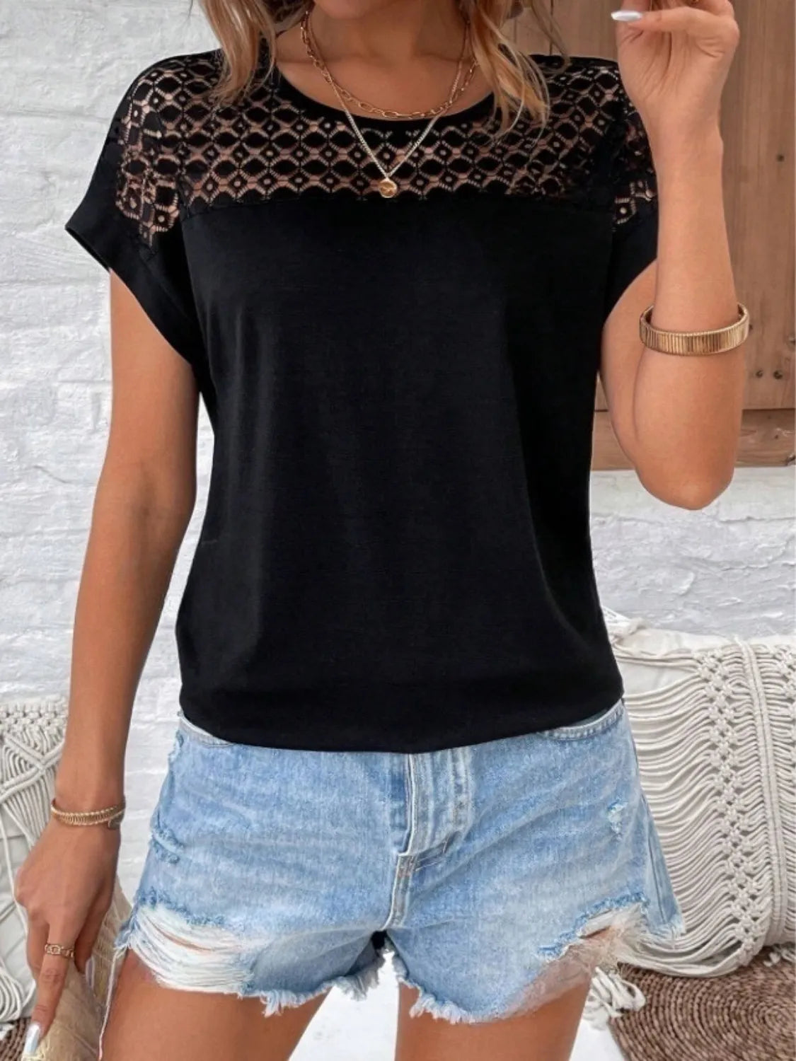 Lace Round Neck Short Sleeve T-Shirt