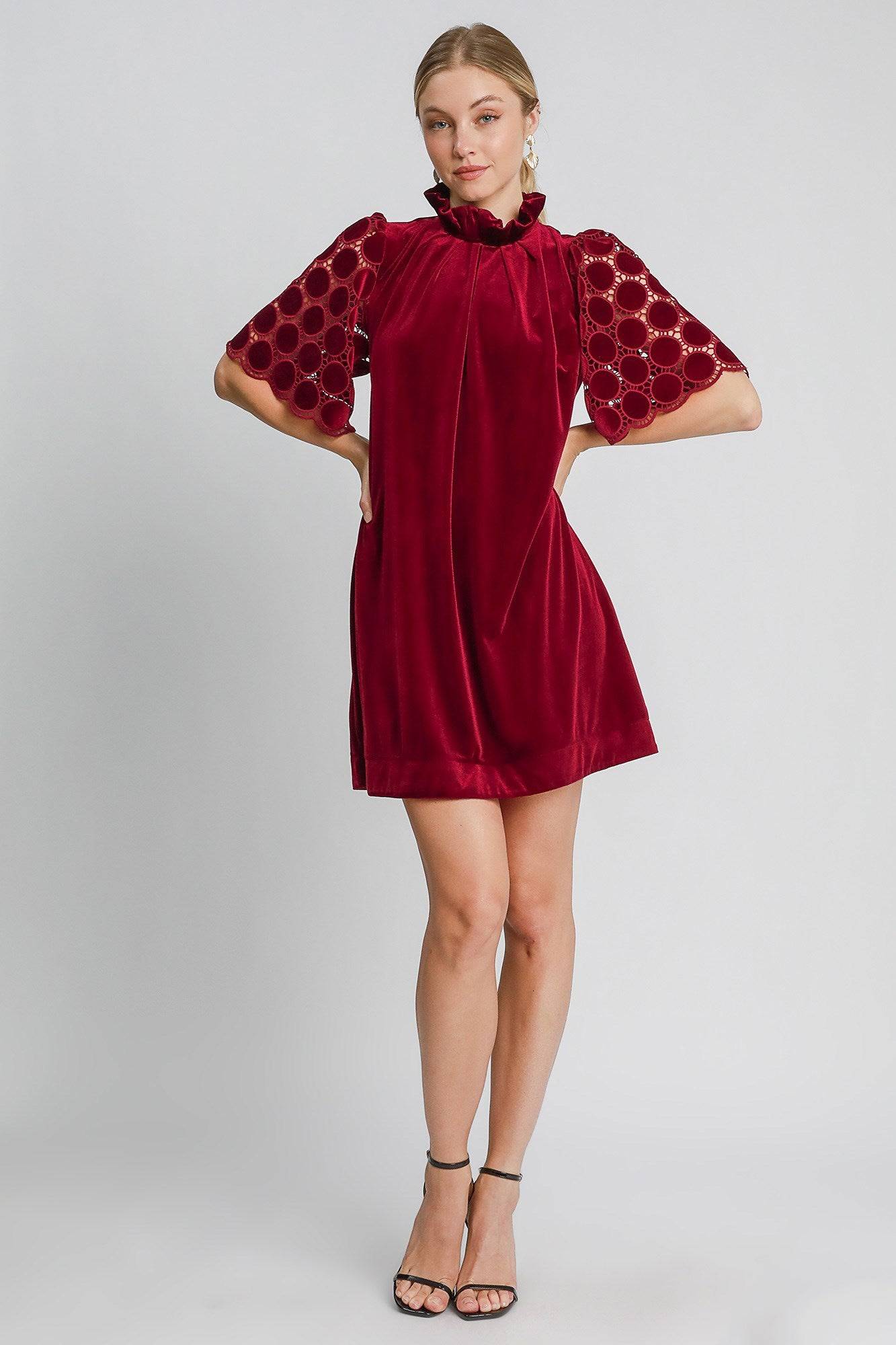 Umgee Dotted Lace Half Sleeve Mock Neck Back Tie Velvet Dress - Clothes For Her Online Store