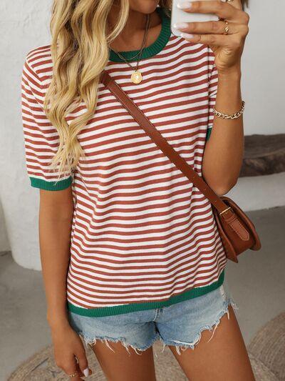 Mandy Striped Round Neck Half Sleeve Knit Top - Clothes For Her Online Store