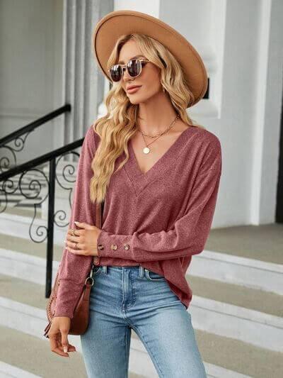 V-Neck Long Sleeve T-Shirt - Clothes For Her Online Store
