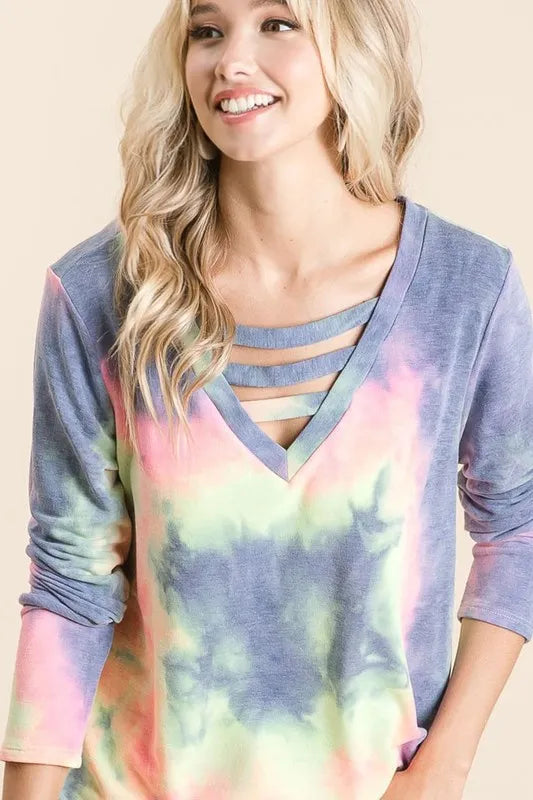BiBi Tie Dye French Terry V-Neck Top with Strapped