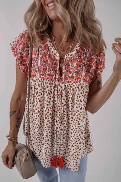 Printed Floral Embroidery Tie Neck Blouse - Clothes For Her Online Store