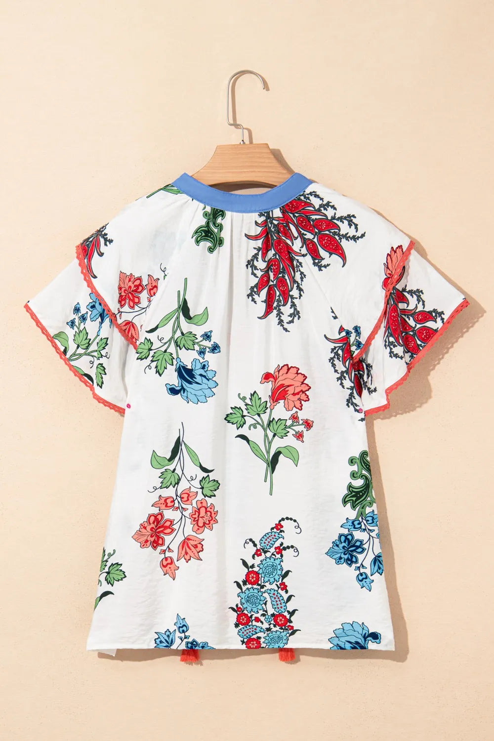 Floral Print Contrast Tassel Tie Short Sleeve Blouse