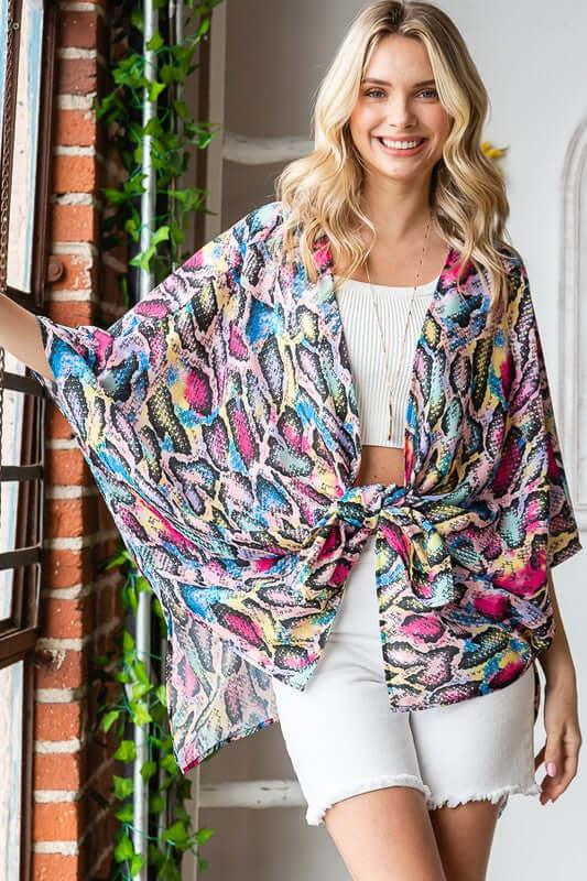 Heimish Full Size Multi Color Snake Open Cardigan Plus Size - Clothes For Her Online Store