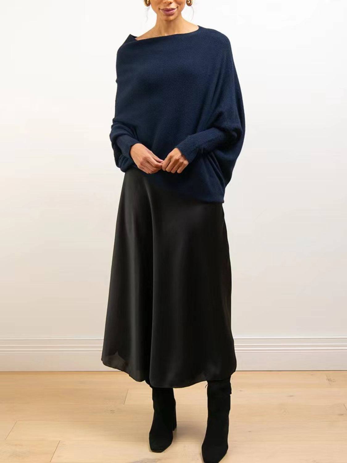 Full Size Boat Neck Batwing Sleeve Knit Top - Clothes For Her Online Store