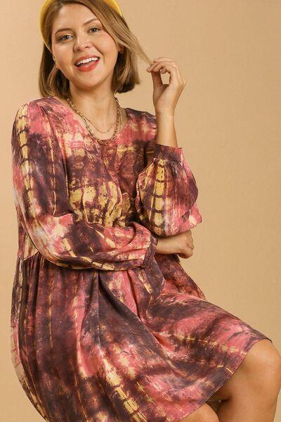 Umgee Full Size Tie Dye Long Sleeve Babydoll Dress with Keyhole Plus Size - Clothes For Her Online Store