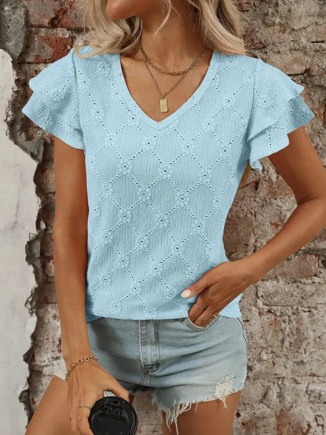 Eyelet V-Neck Ruffled Cap Sleeve Top - Clothes For Her Online Store