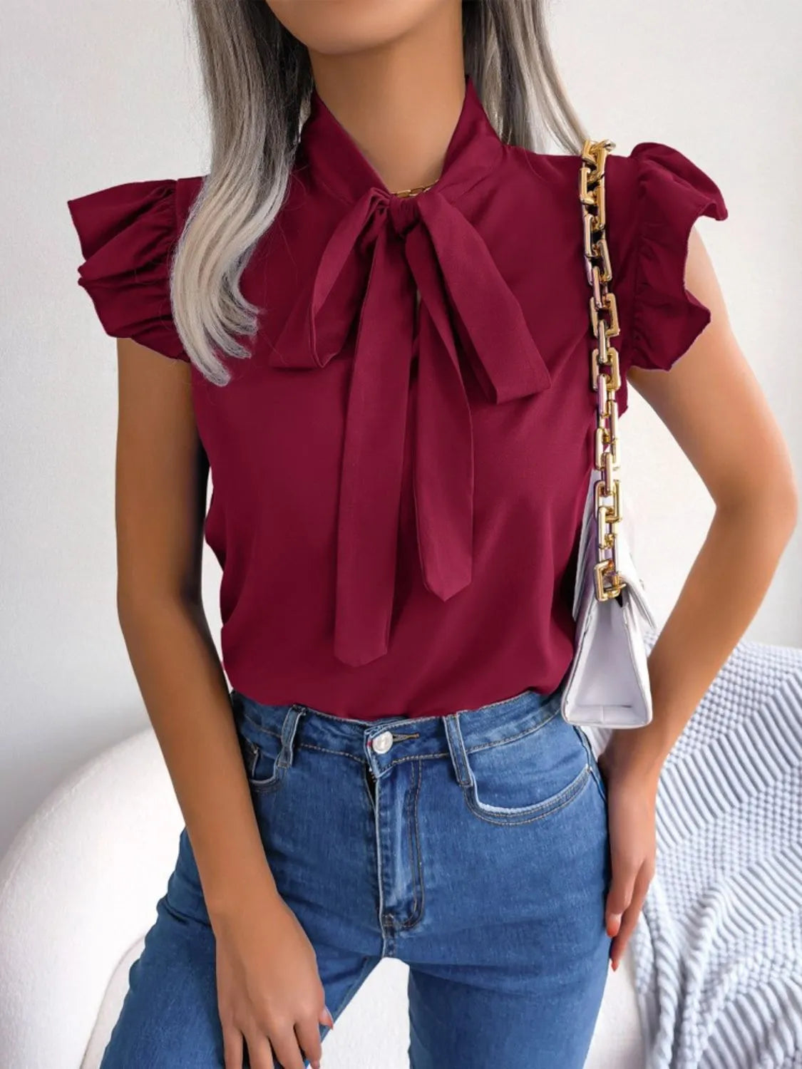 Ruffle Cap Sleeve Bow Tie Blouse