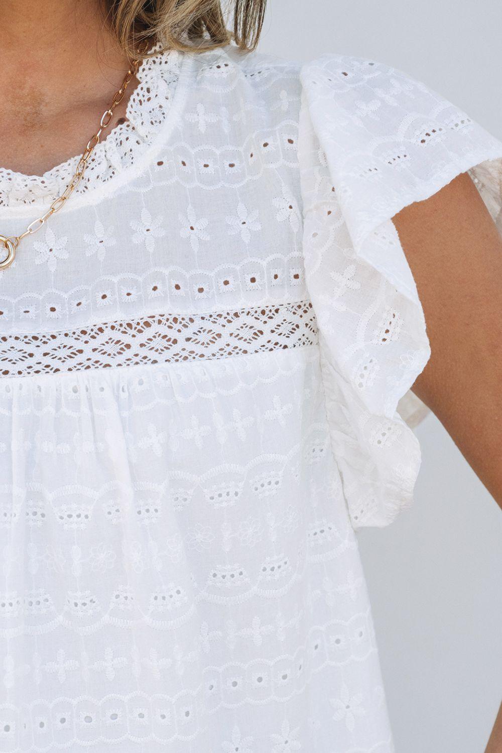 Lace Round Neck Flutter Sleeve Eyelet Blouse - Clothes For Her Online Store