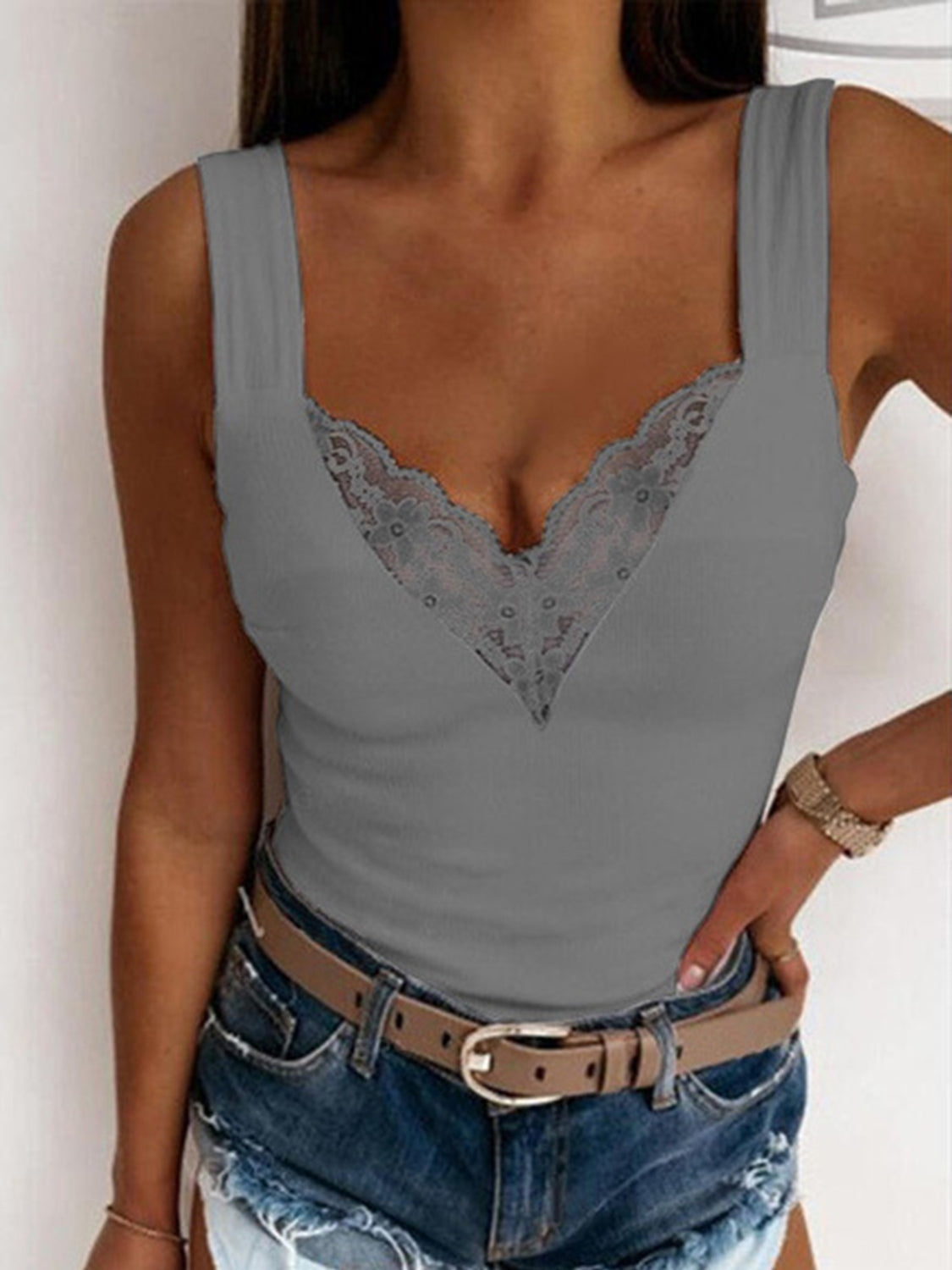 Full Size Lace Detail Sweetheart Neck Tank - Clothes For Her Online Store