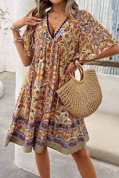 Devine Printed V-Neck Half Sleeve Mini Dress - Clothes For Her Online Store