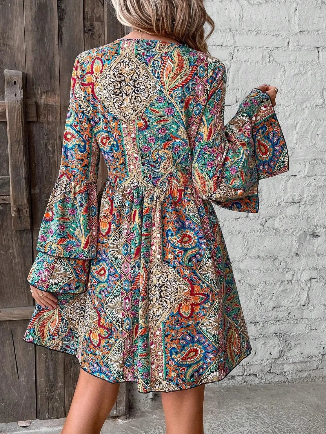 Printed V-Neck Flounce Sleeve Dress