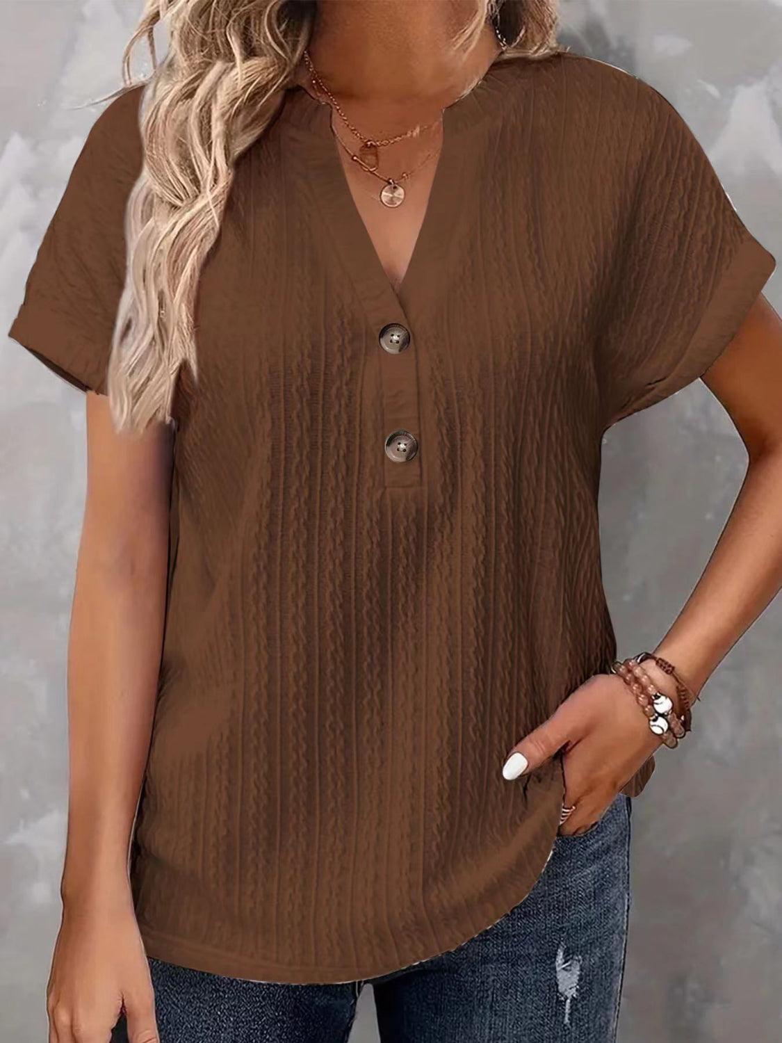 Textured Notched Short Sleeve Top - Clothes For Her Online Store