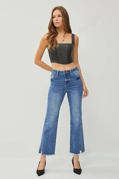 RISEN High Waist Raw Hem Slit Straight Jeans - Clothes For Her Online Store