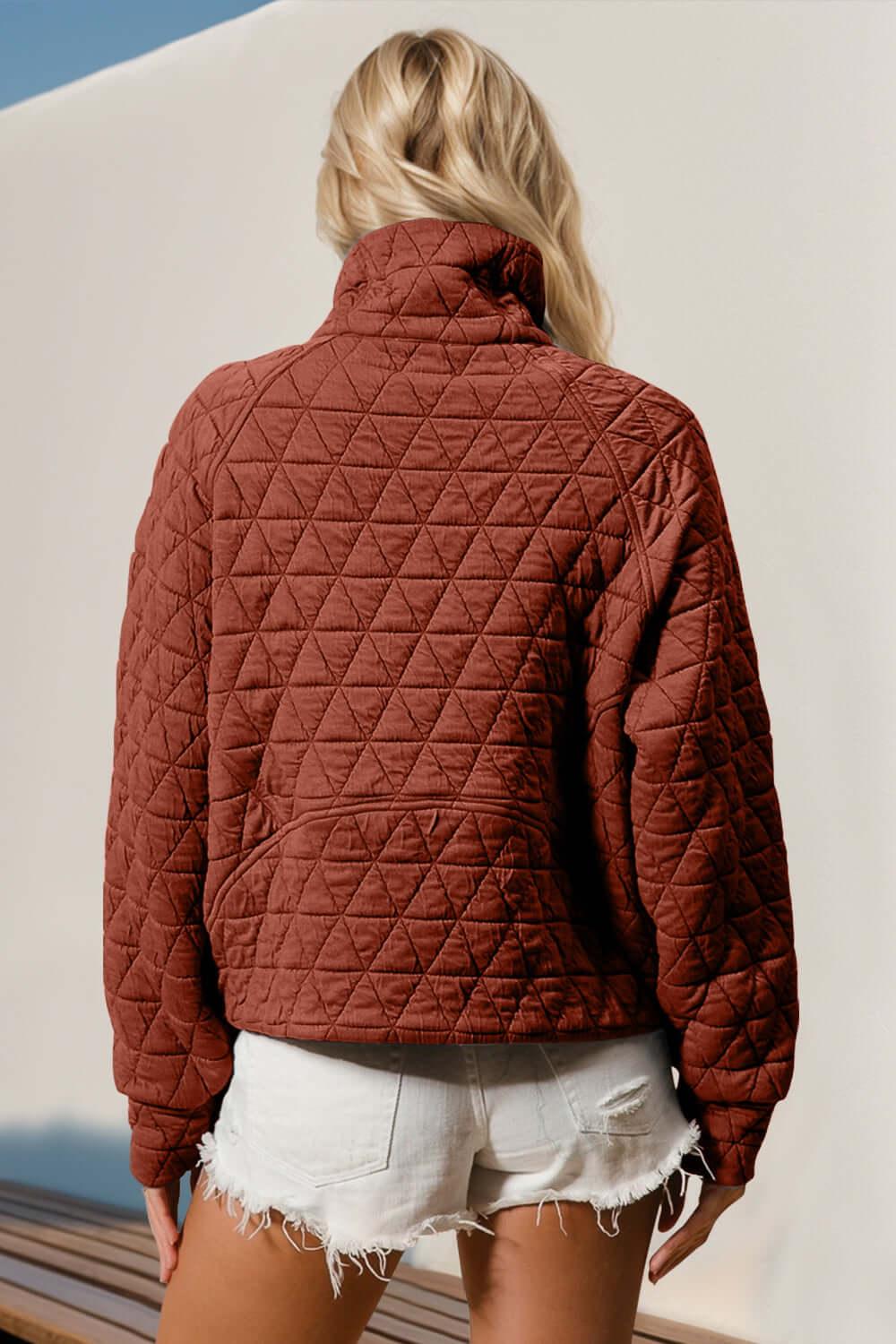 Double Take Half Zip Long Sleeve Quilted Sweatshirt with Pocket - Clothes For Her Online Store