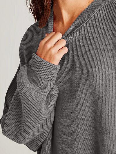 Double Take Side Slit Round Neck Long Sleeve Sweater - Clothes For Her Online Store
