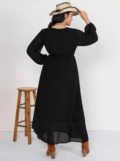 Plus Size Embroidered Tie Neck Long Sleeve Dress - Clothes For Her Online Store