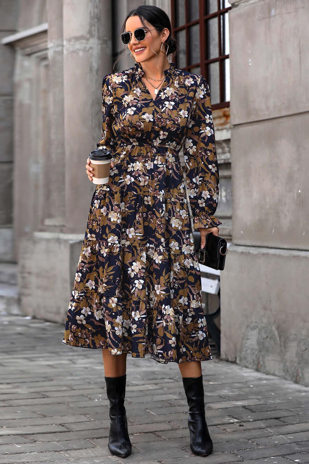 Perfee Floral Flounce Sleeve Tiered Dress - Clothes For Her Online Store