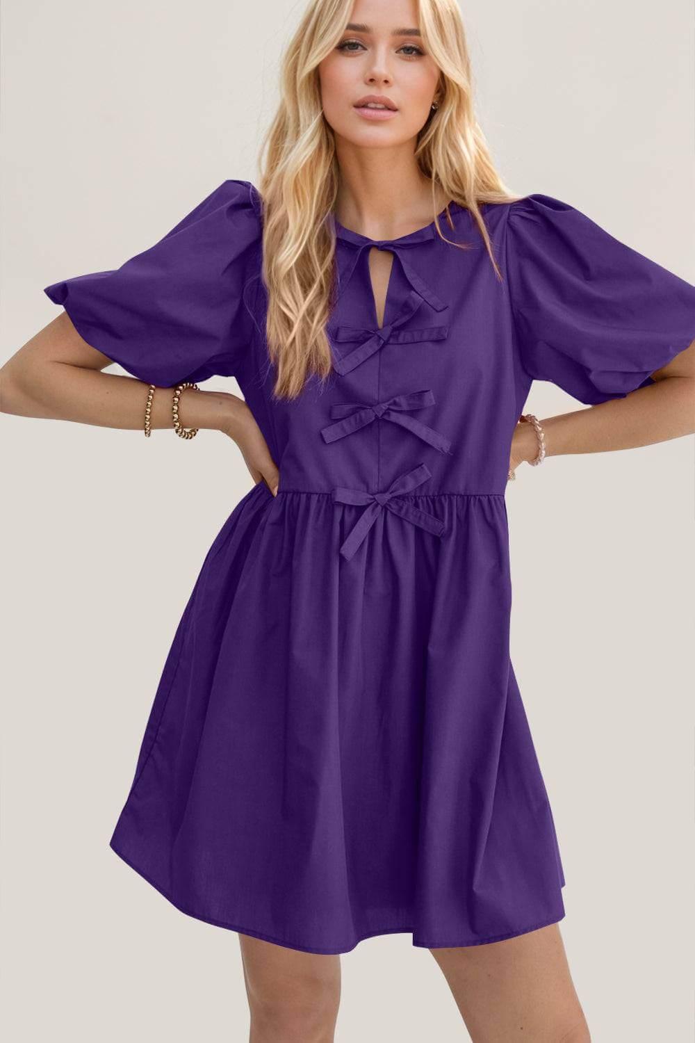 Oh Bow Ruched Puff Sleeve Mini Dress - Clothes For Her Online Store