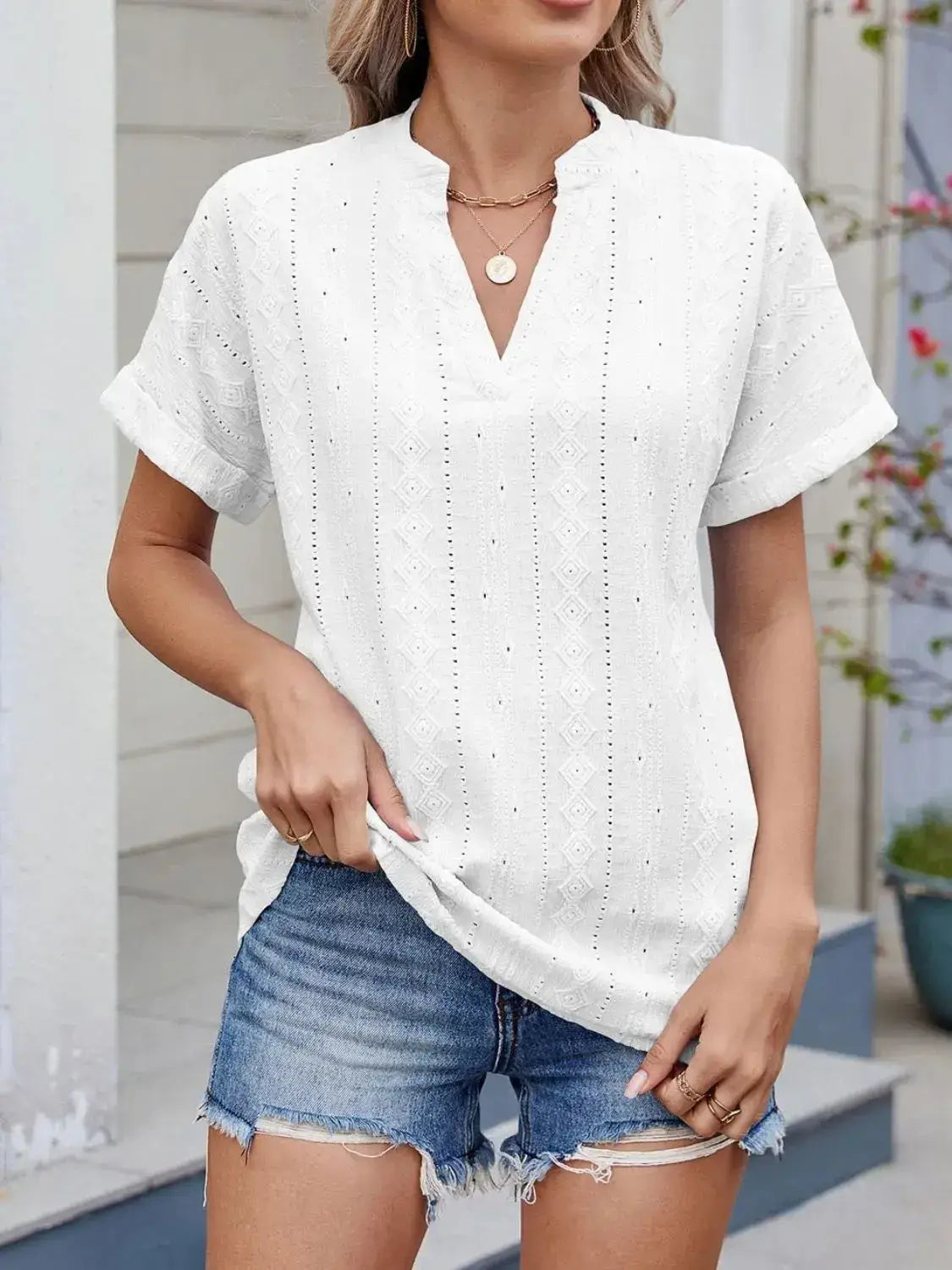 Eyelet Notched Short Sleeve Top - Clothes For Her Online Store