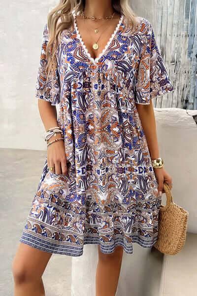 Devine Printed V-Neck Half Sleeve Mini Dress - Clothes For Her Online Store