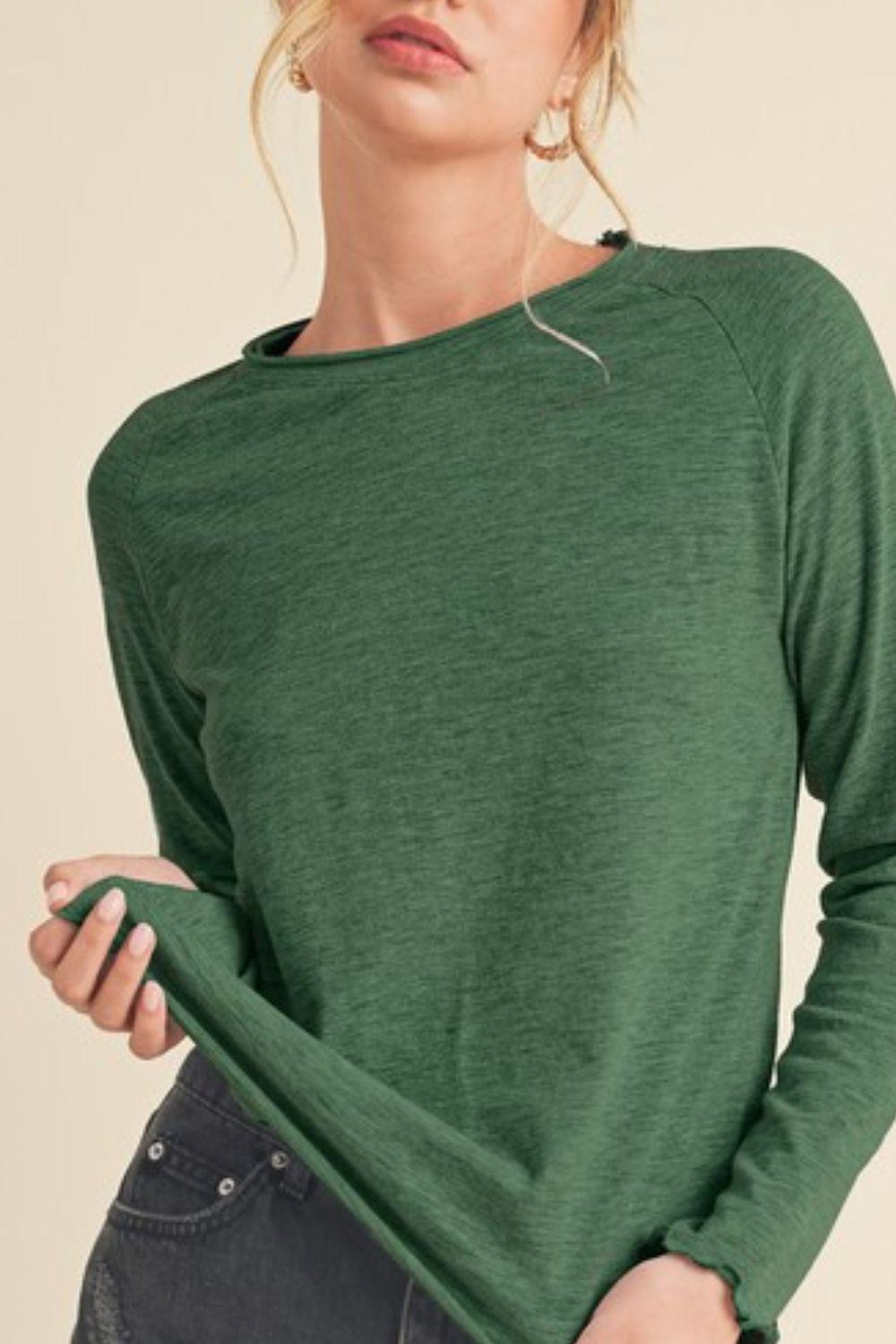 Aemi + Co Lettuce Hemline Round Neck Raglan Sleeve T-Shirt - Clothes For Her Online Store