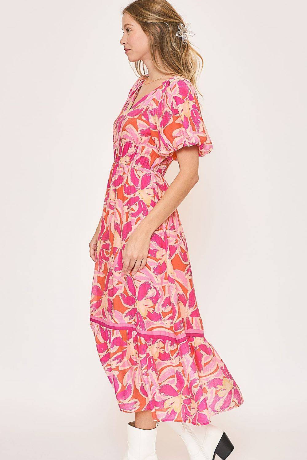 Umgee Floral Notched Puff Sleeve Midi Dress - Clothes For Her Online Store