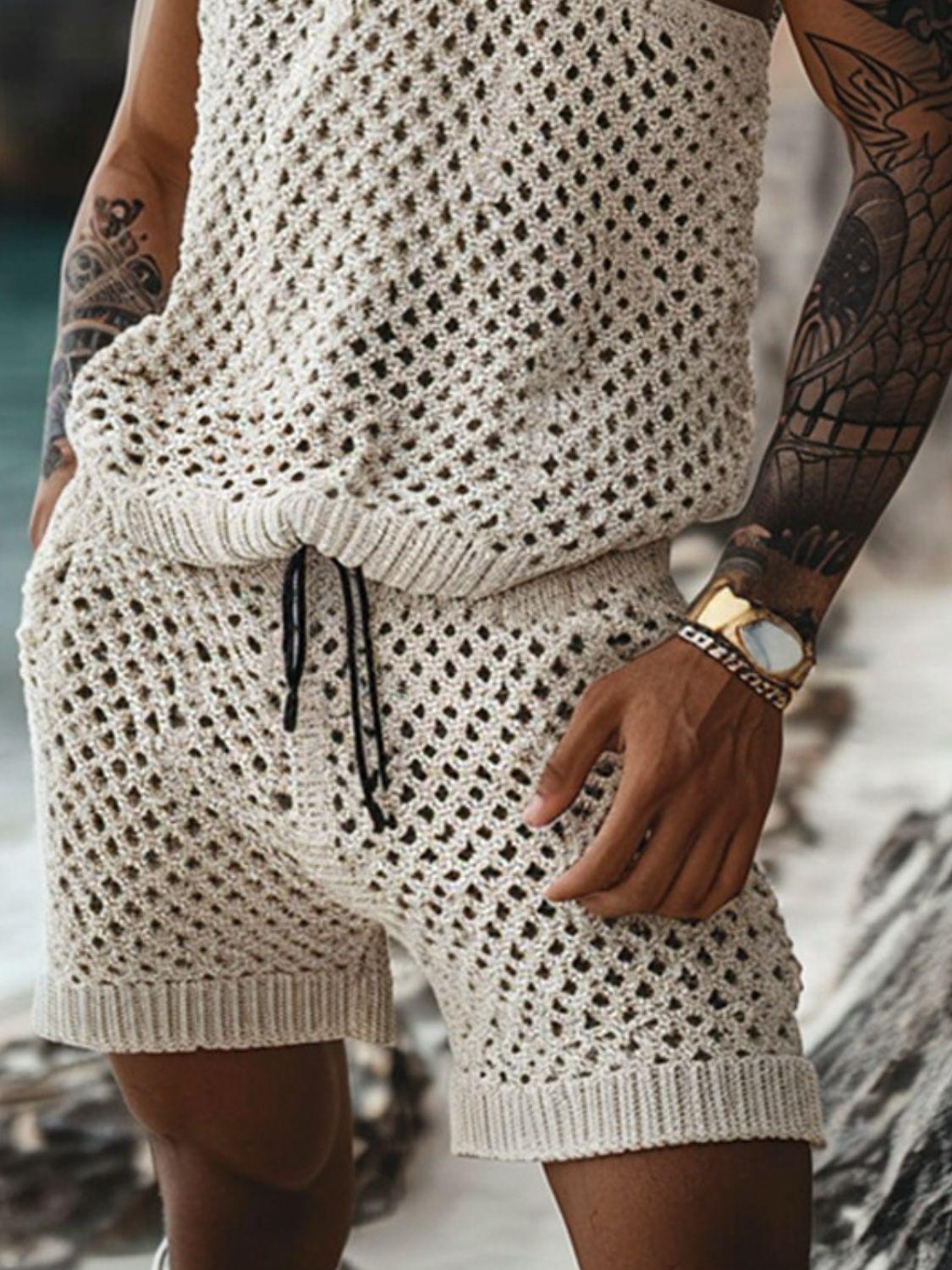 Men's Plus Size Hollow Out Round Neck Tank and Shorts Set - Clothes For Her Online Store