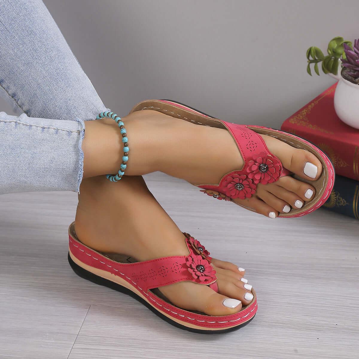 Flower Toe Post PU Leather Sandals - Clothes For Her Online Store