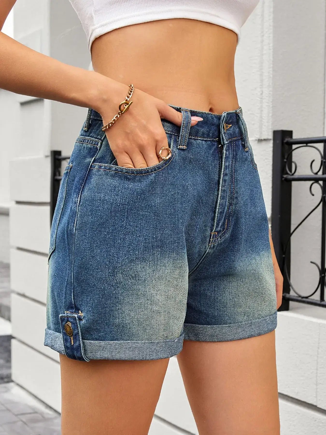 High Waist Rolled Hem Gradient Denim Shorts