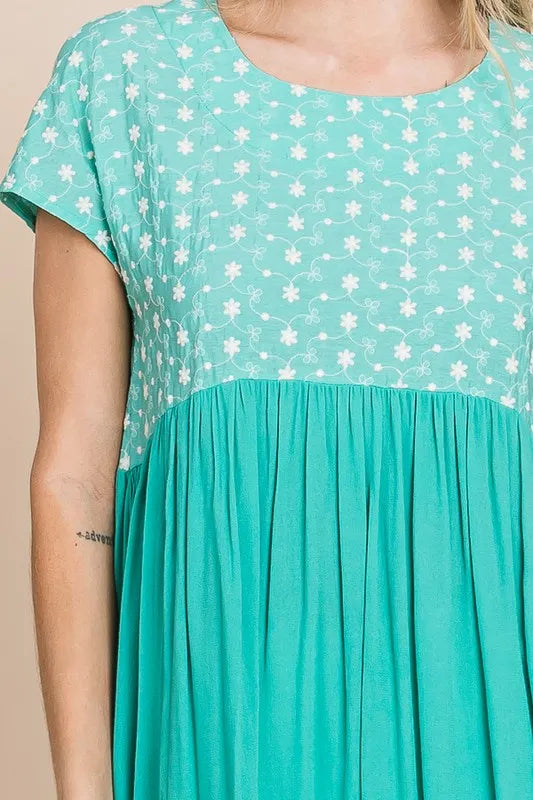 Lime 'N' Chili Full Size Embroidered Short Sleeve Pleated Babydoll Top Plus Size