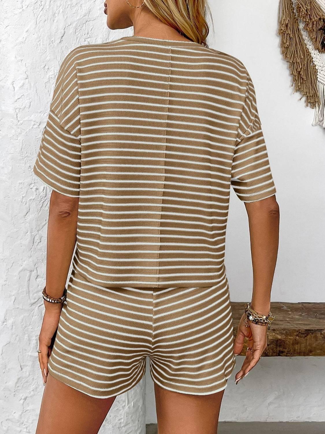 Striped Round Neck Short Sleeve Top and Shorts Set - Clothes For Her Online Store
