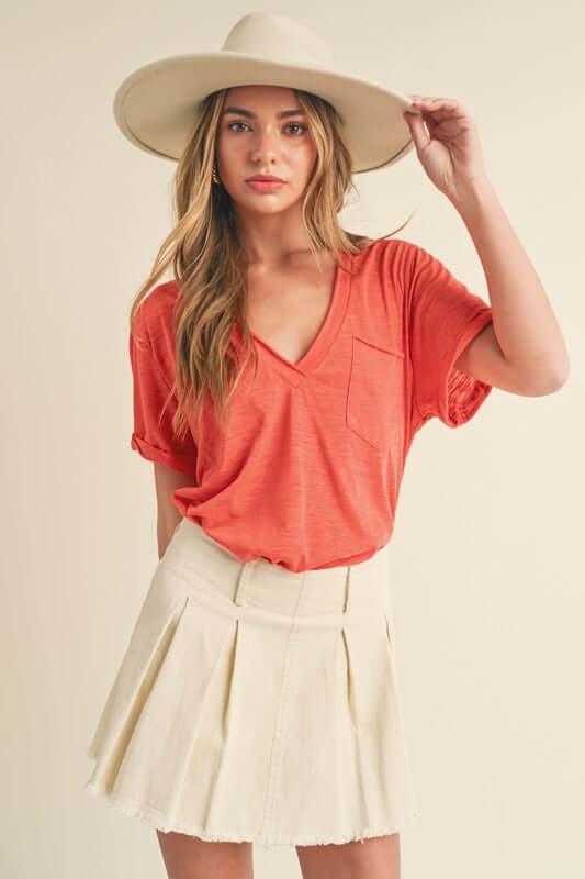 Aemi + Co Side Slit V-Neck Short Rolled Sleeve T-Shirt - Clothes For Her Online Store