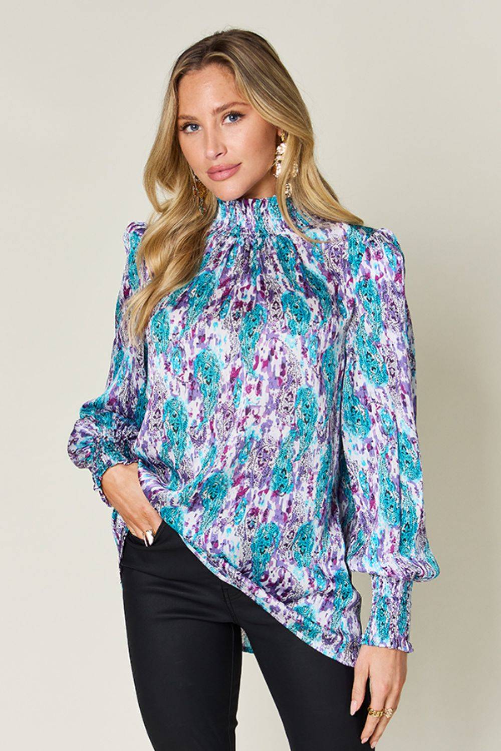 Double Take Full Size Printed Smocked Long Sleeve Blouse - Clothes For Her Online Store