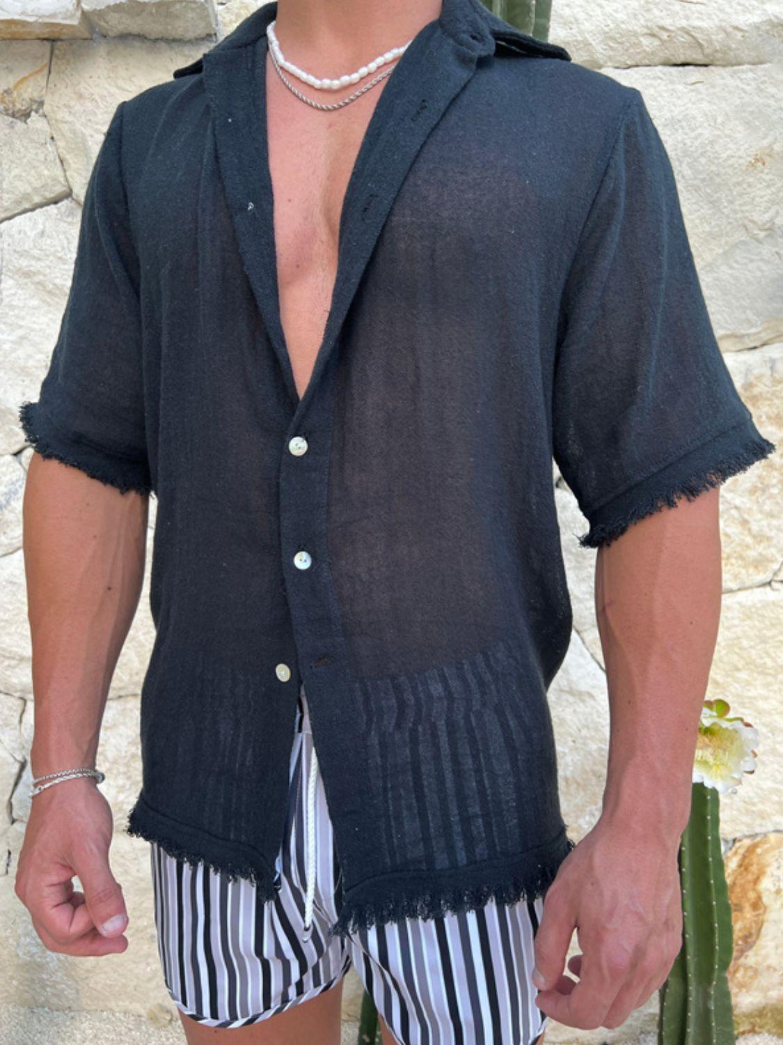 Men's Plus Size Raw Hem Button Down Collared Neck Shirt - Clothes For Her Online Store