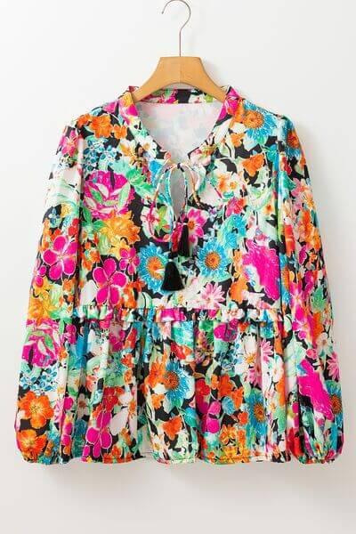 Floral Tie Neck Balloon Sleeve Blouse - Clothes For Her Online Store